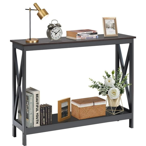 Giantex Console Table, Sofa Side Table w/Heavy-Duty Support & X-Shaped, Narrow Accent Entryway Table, Grain