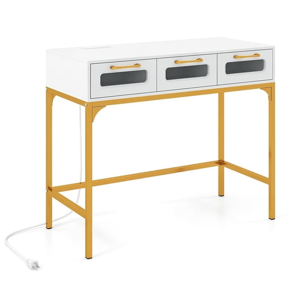 Giantex Console Table w/LED Lighting, Wooden Slim Sofa Table w/Charging Station & Metal Legs, White