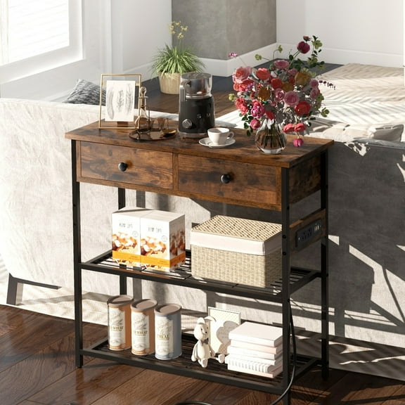 Giantex Console Table w/Outlets , Entryway Table w/USB Ports, Narrow Sofa Table, Entry Hallway Table, Brown