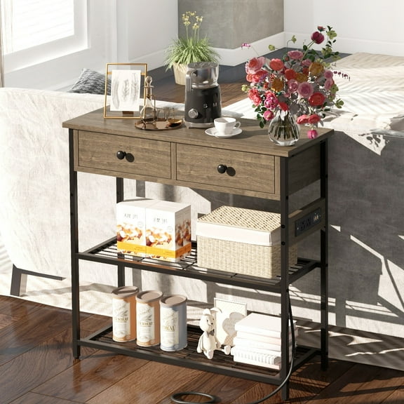 Giantex Console Table w/Outlets , Entryway Table w/USB Ports, Narrow Sofa Table, Entry Hallway Table, Grey