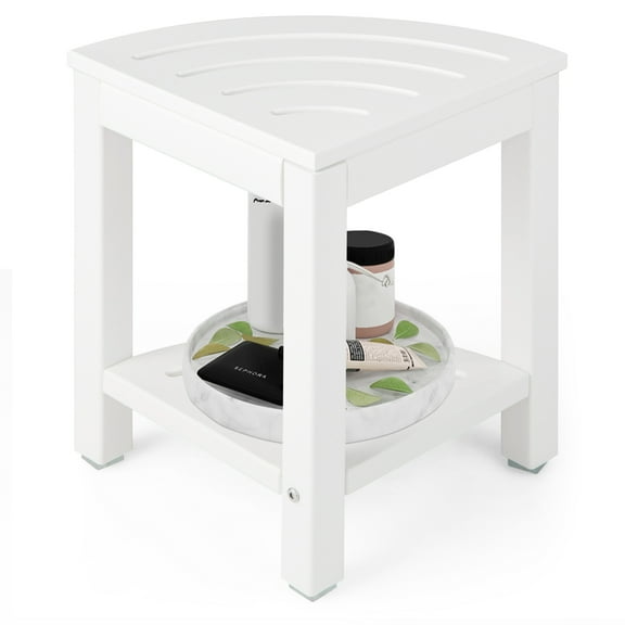 Giantex Corner Shower Stool, Waterproof HDPE Shower Bench w/Storage Shelf & Non-Slip Foot Pads, Spa Bath Seat, Bathroom Foot Rest, White