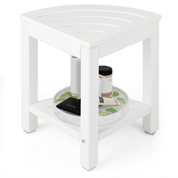 Giantex Corner Shower Stool, Waterproof HDPE Shower Bench w/Storage Shelf & Non-Slip Foot Pads, Spa Bath Seat, Bathroom Foot Rest, White