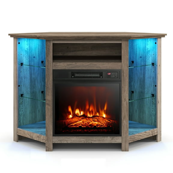 Giantex Corner TV Stand w/Electric Fireplace, Entertainment Center, Media Console Cabinet, Gray