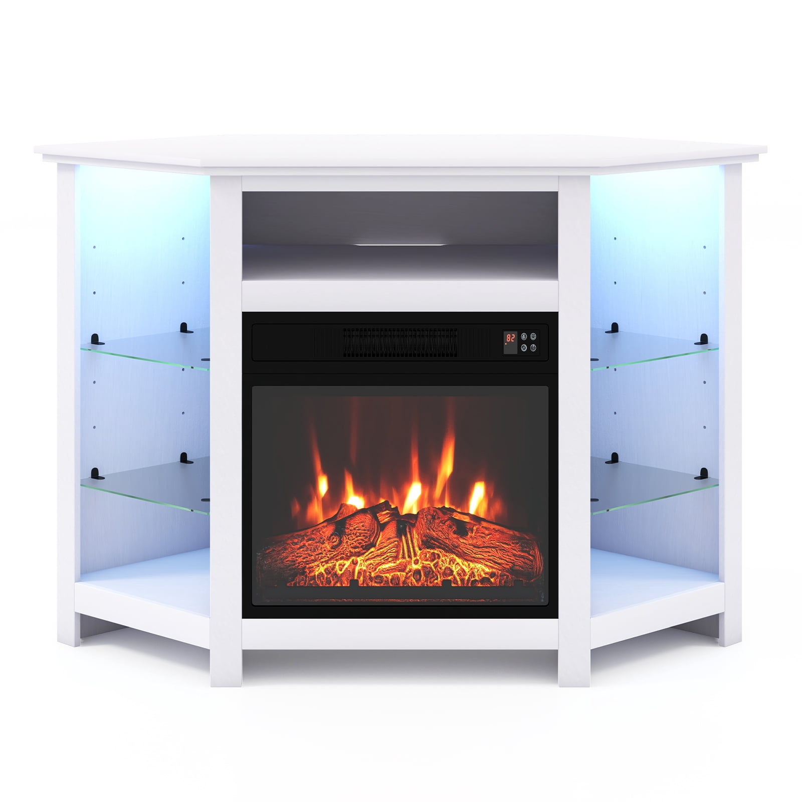 Giantex Corner TV Stand w/Electric Fireplace, Entertainment Center, Media Console Cabinet, White