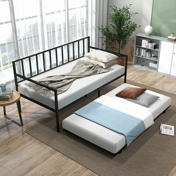 Giantex Daybed w/Trundle, Metal Twin Bed Frame w/Heavy Duty Slat Support, Space-Saving Sofa Bed Frame