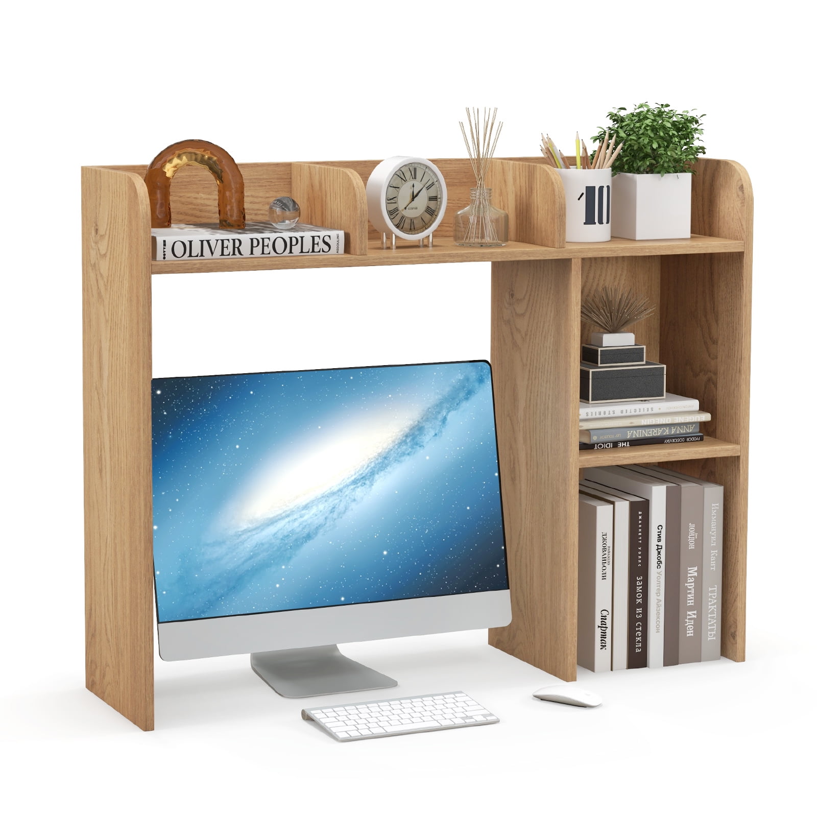 Giantex Desk Bookshelf, Wood Desk Hutch w/5 Shelves, Computer Table Display Rack, Organizer Shelf for Dorm Office Home, Natural