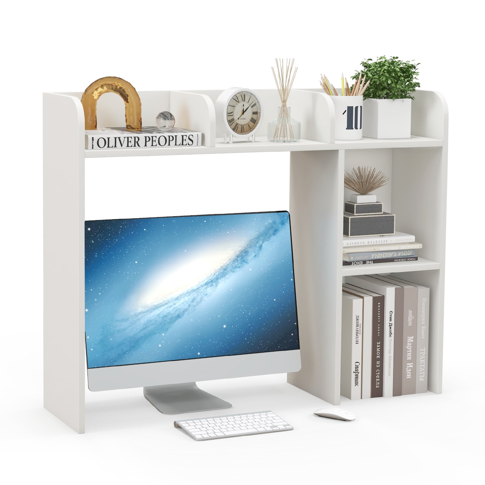 Giantex Desk Bookshelf, Wood Desk Hutch w/5 Shelves, Computer Table Display Rack, Organizer Shelf for Dorm Office Home, White