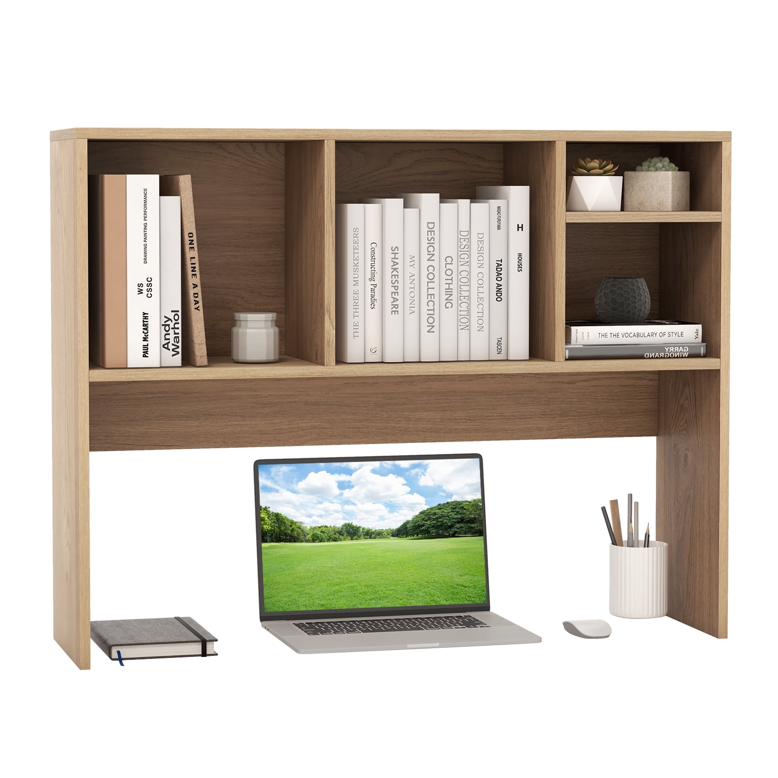 Giantex Desk Hutch, 2-Tier Desktop Organizer Shelf for Computer Desk, Wide Wooden Table Top Bookshelf, Countertop Storage Rack, Natural