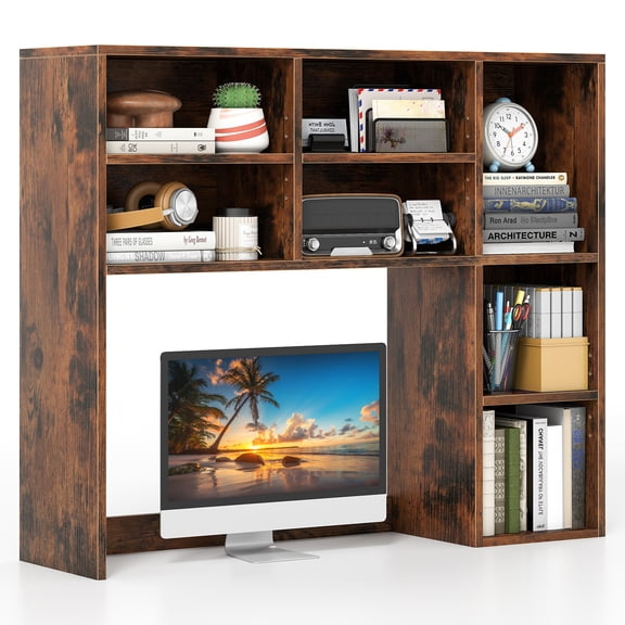 Giantex Desktop Bookshelf, Desk Hutch Dorm w/3 Adjustable Shelves, Wooden Desktop Storage Organizer, Brown