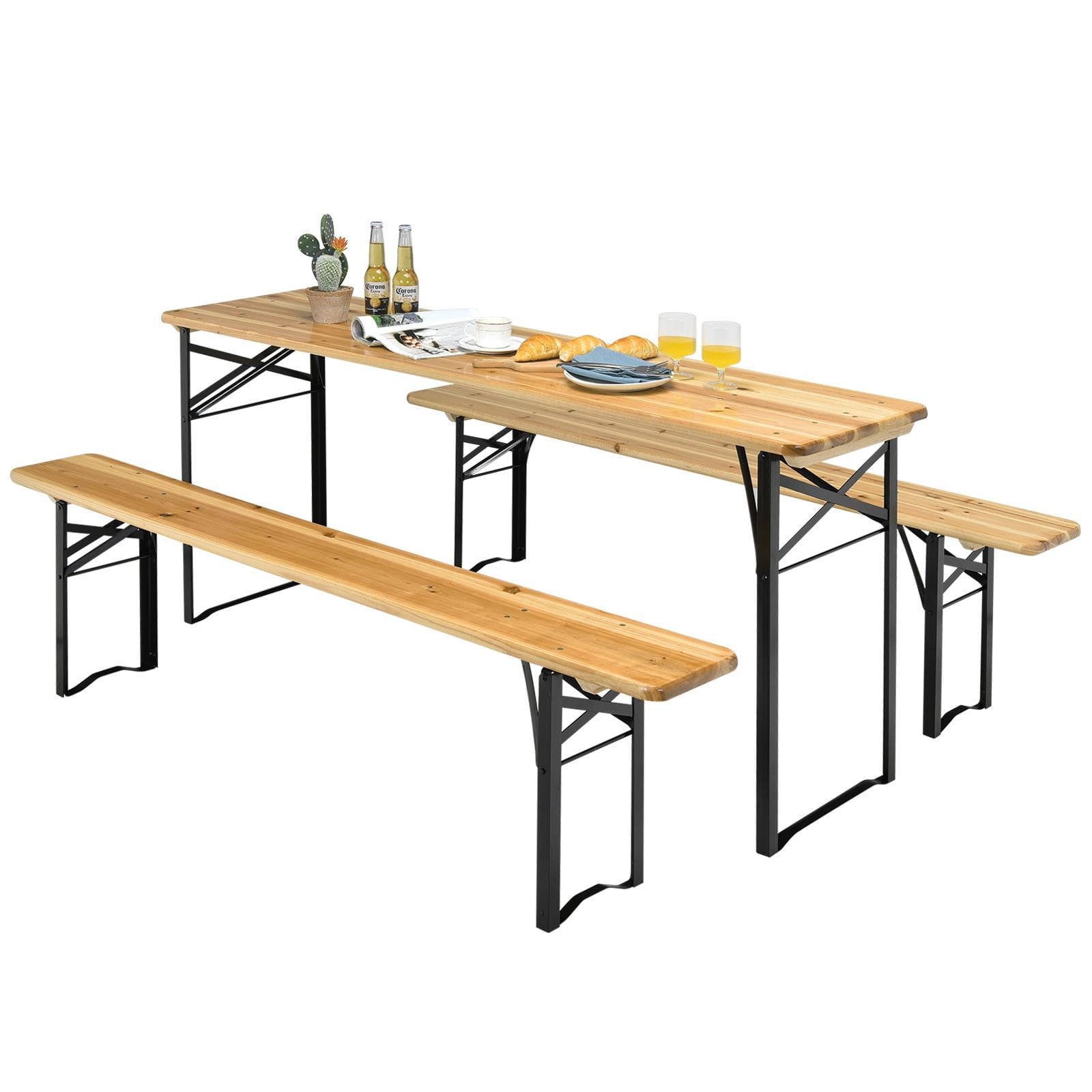 Giantex Dining Table Set Picnic Beer Wooden Table 3PC Foldable Portable Table Set Walmart