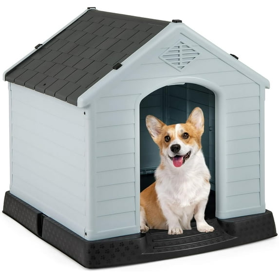 Giantex Dog House for Small Dogs, Waterproof Plastic Dog Houses with Air Vents and Elevated Floor, Easy to Assemble, Outdoor Cat Feeding Station Indoor Patio Backyard Dog Kennel House, Gray