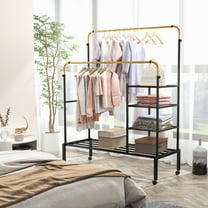 Giantex Double Rods Garment Rack w/Wheels, Clothing Rack w/Hanging Height Adjustable Rods & Shelves, Gold