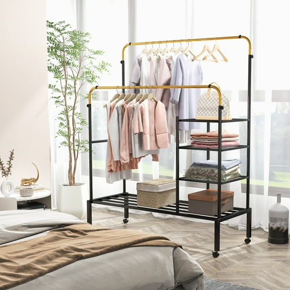 Giantex Double Rods Garment Rack w/Wheels, Clothing Rack w/Hanging Height Adjustable Rods & Shelves, Gold