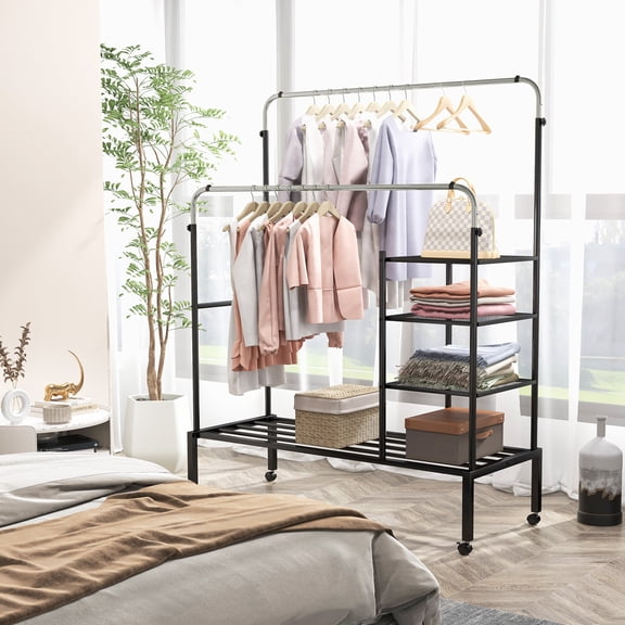Giantex Double Rods Garment Rack w/Wheels, Clothing Rack w/Hanging Height Adjustable Rods & Shelves, Silver