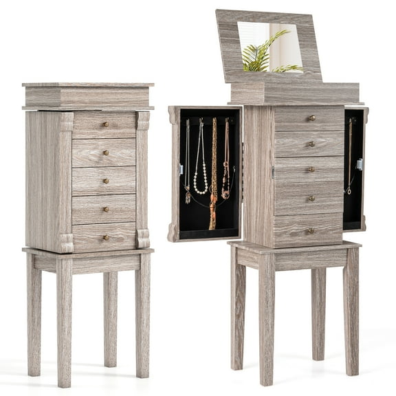 Giantex Drawers Armoire Cabinet, Standing Storage Chest with Mirror, 8 Necklace Hooks Wooden Organizer, Bedroom Jewelry Furniture with 2 Side Swing Doors, Grey