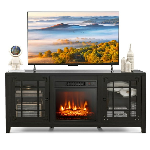 Giantex Electric Fireplace TV Stand, TV Console w/Adjustable Flame & Shelves, Farmhouse Media Entertainment Center, Black