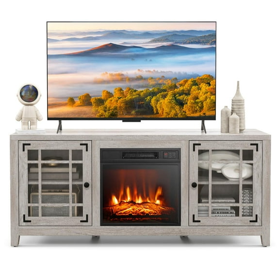 Giantex Electric Fireplace TV Stand, TV Console w/Adjustable Flame & Shelves, Farmhouse Media Entertainment Center, Natural