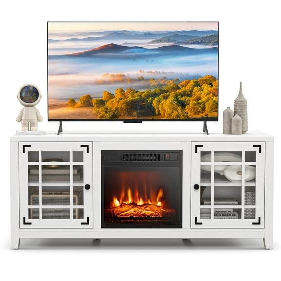 Giantex Electric Fireplace TV Stand, TV Console w/Adjustable Flame & Shelves, Farmhouse Media Entertainment Center, White