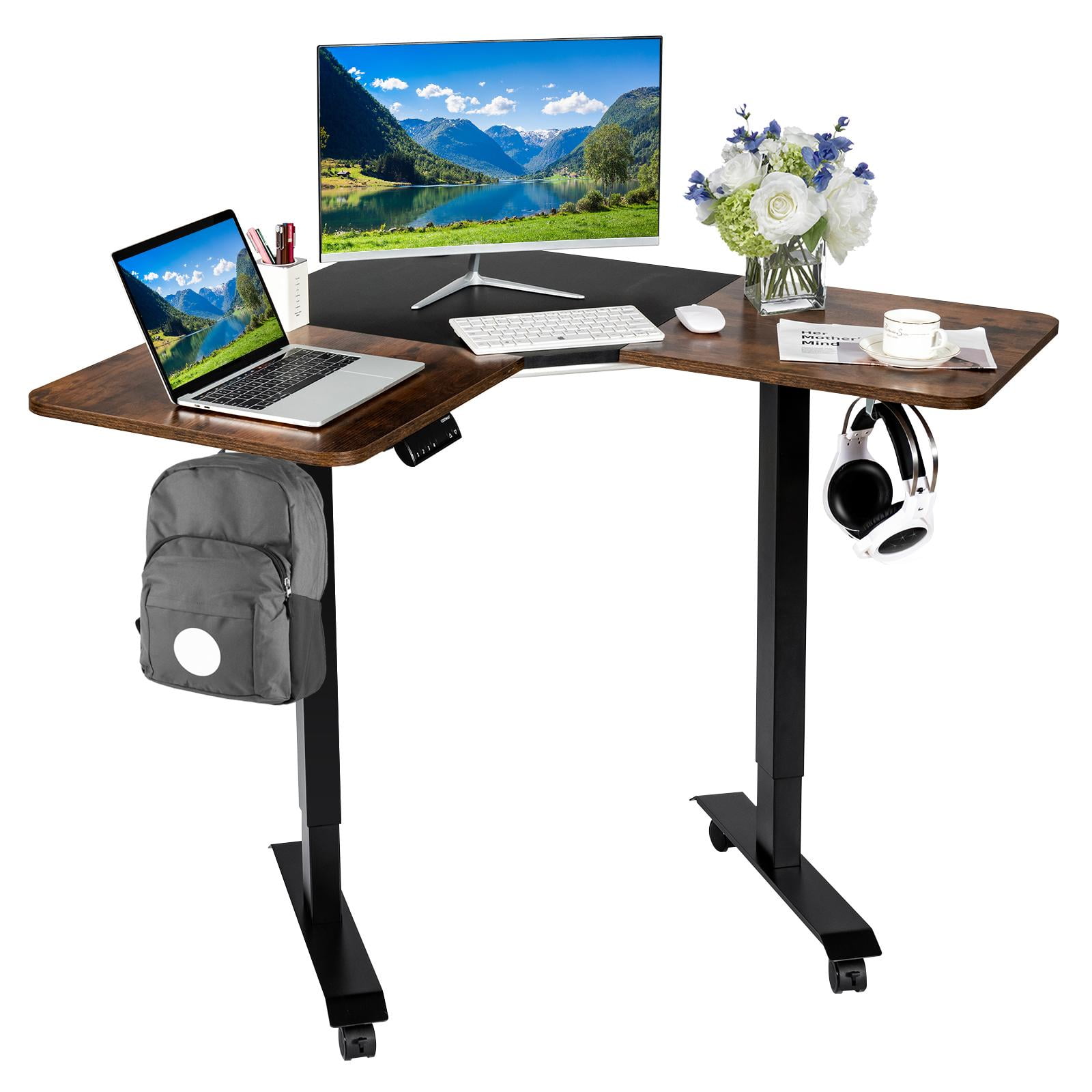 Giantex Electric Height Adjustable Desk, Lshaped Standing Computer Desk w/Rolling Casters, Sit