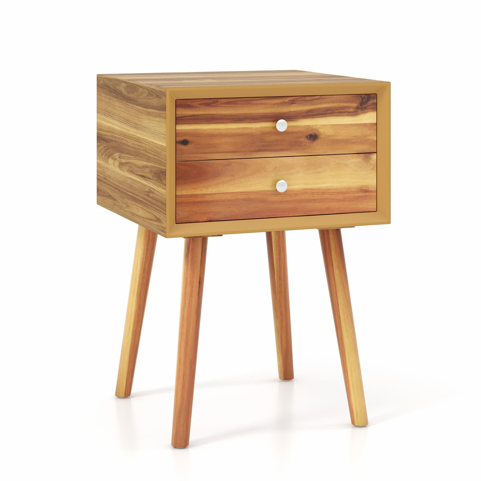Giantex End Side Table Nightstand with Storage Drawer and Shelf, Wood Nightstand with 2-Drawers, Living Room Bedroom Furniture
