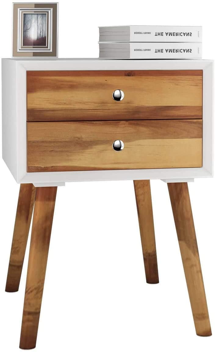 Giantex End Side Table Nightstand with Storage Drawer and Shelf, Wood Nightstand with 2-Drawers, Solid Wood Legs Living Room Bedroom Furniture