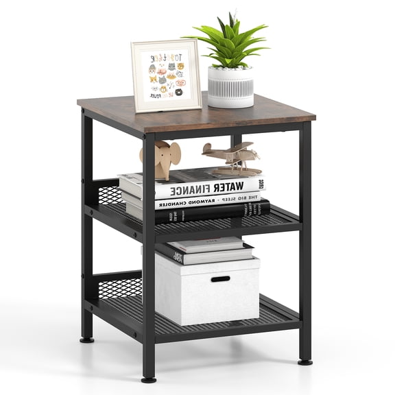 Giantex End Table,2 Tier/3 Tier Side Tables, Modern Versatile Nightstands with Metal Mesh Storage Shelves Industrial Night Tables for Living Room Bedroom