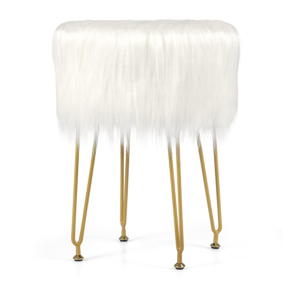 Giantex Faux Fur Vanity Stool Chair, Round Footstool Ottoman with Metal Legs, Fluffy Chair Footrest, Makeup Stool for Bedroom