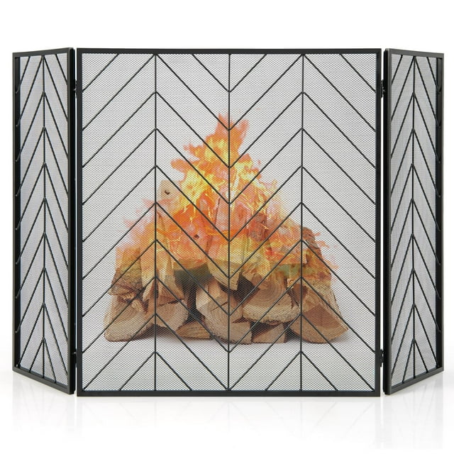 Chequers 3 Panel Folding Fire Guard Fire Place Guard Fire Screen Spark Flame Guard Decorative 3 Panel Folding Design Black