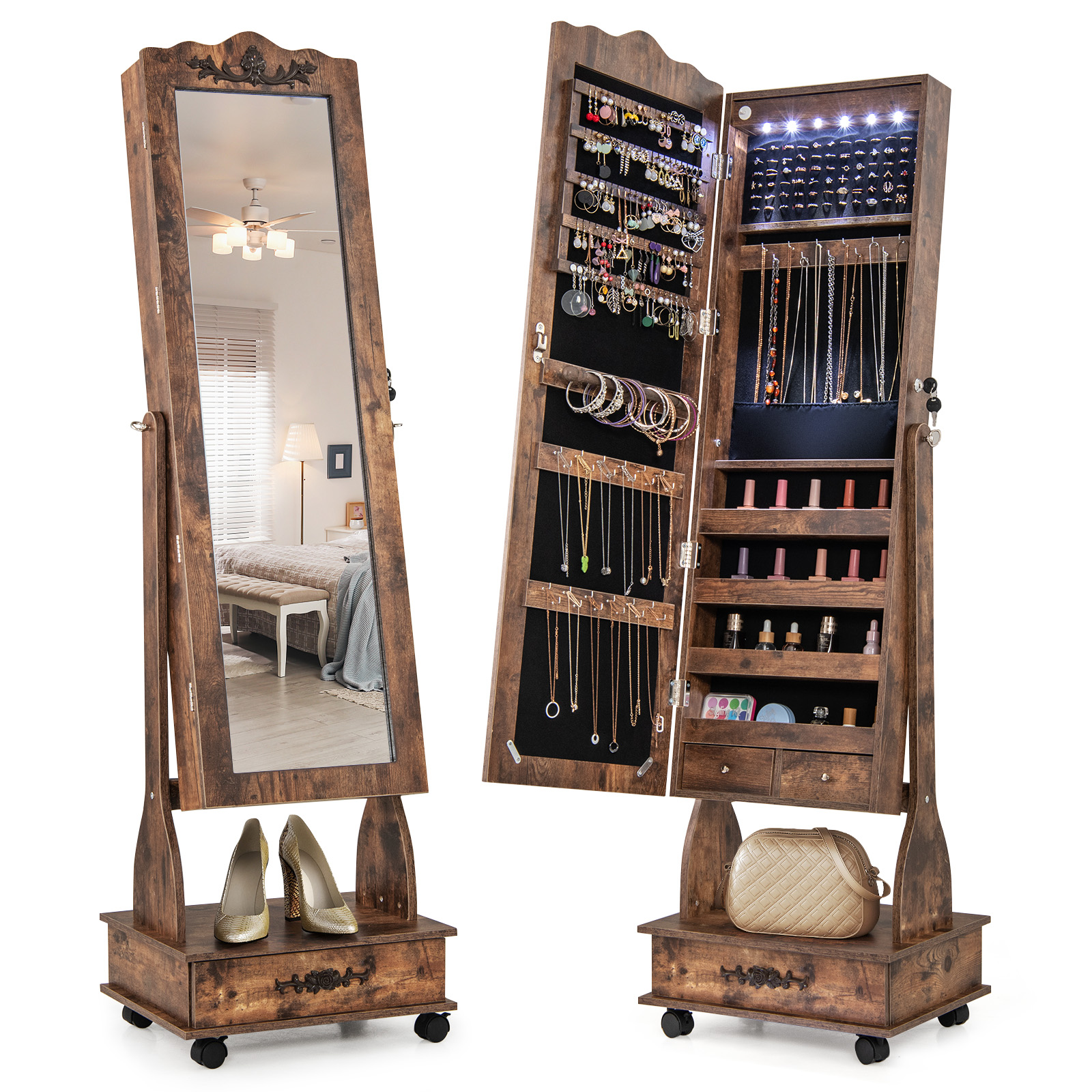 Giantex Floor Standing Jewelry Armoire, Lockable Jewelry Organizer w/3
