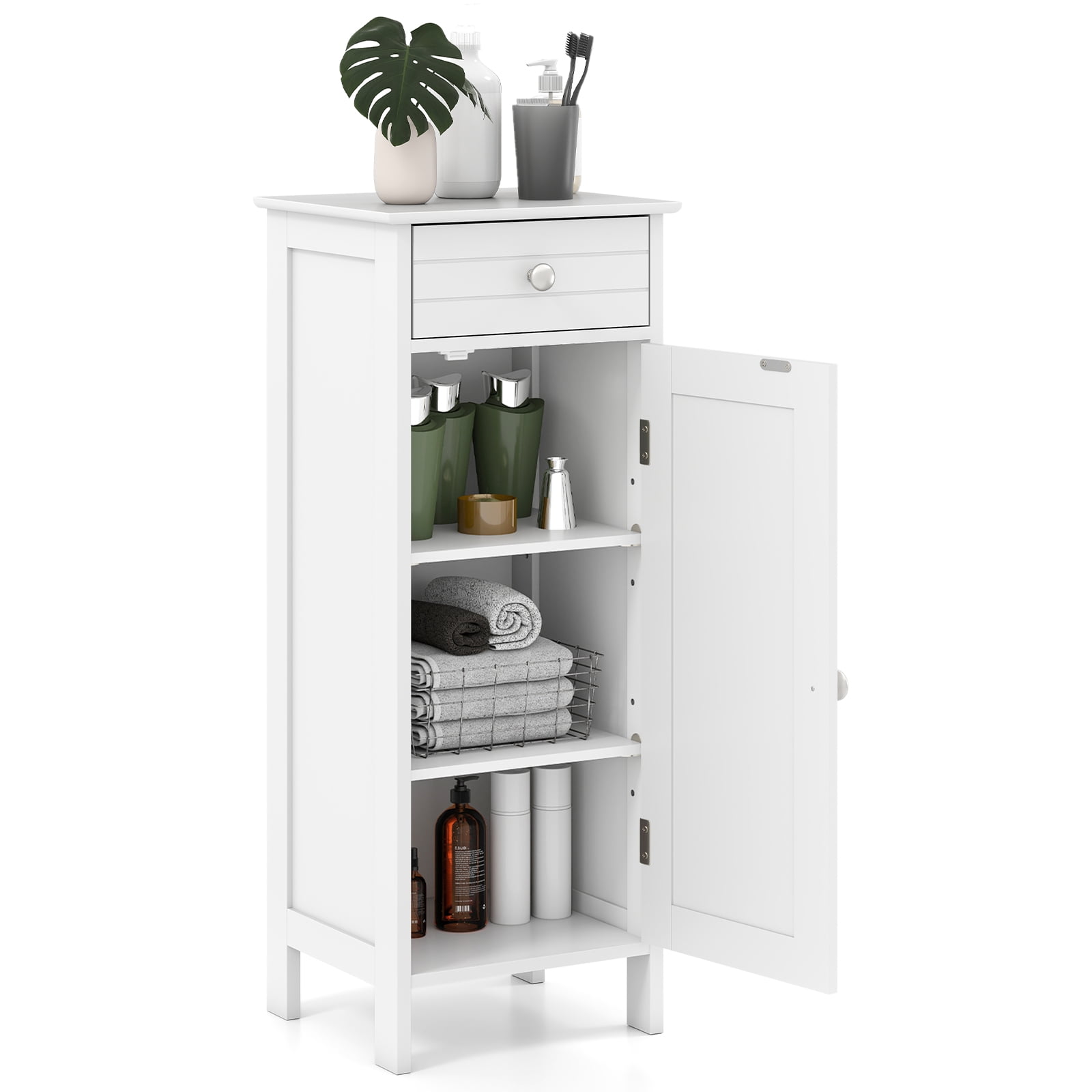 Giantex Floor Storage Cabinet, Multifunctional Freestanding Bathroom Storage Cabinet with Two Adjust Shelves, Ideal for Bathroom, Living Room or Bedroom,  (White)