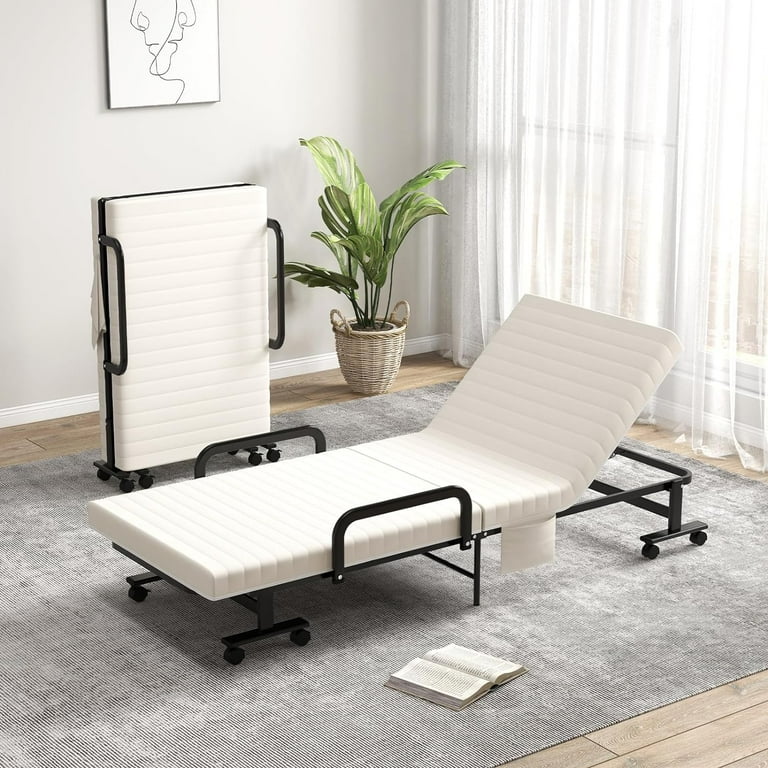 Giantex Folding Bed with Mattress Foldable Portable Guest Bed w Adjustable 6 Position Side Storage Pocket 660 LBS Fold up Bed on Wheels for Home Roll Away Beds with Mattresses for Adults