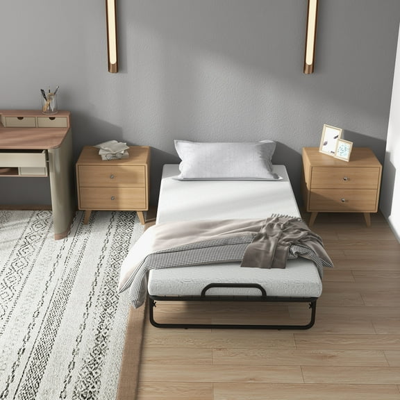 Giantex Folding Bed, Twin Size Rollaway Bed w/Memory Foam Mattress, Gust Bed w/Wheels, Space Saving Bed
