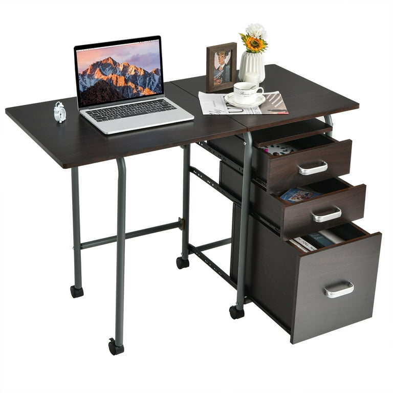 Giantex Folding Computer Study Desk, Home Office Desk w/Smooth Wheels &  Large Drawers, Mobile Laptop Desk Writing Table (Brown) 