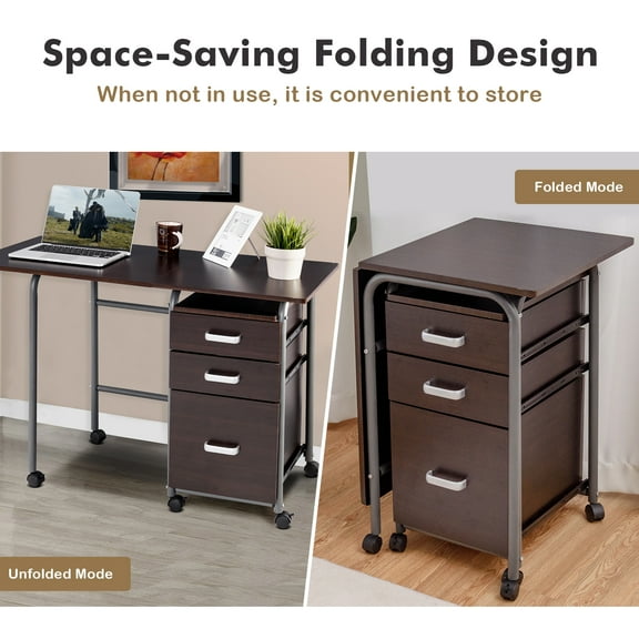 Giantex Folding Computer Study Desk, Home Office Desk w/Smooth Wheels & Large Drawers, Mobile Laptop Desk Writing Table (Brown)