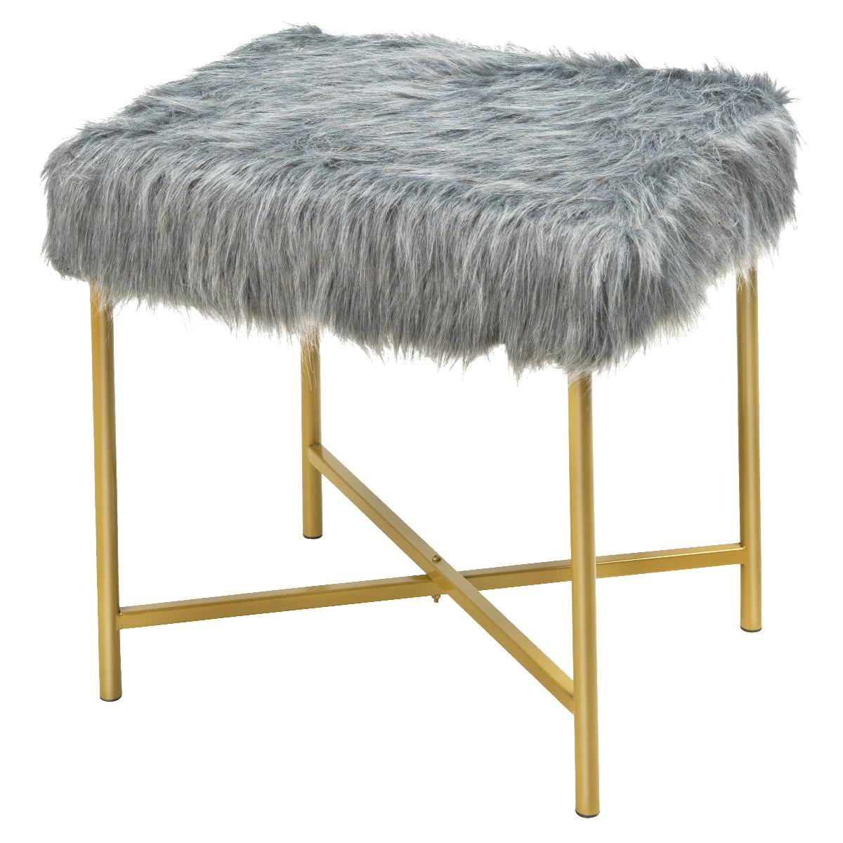 Giantex Footrest Ottoman, Faux Fur Square Stool w/ Gold Metal Base