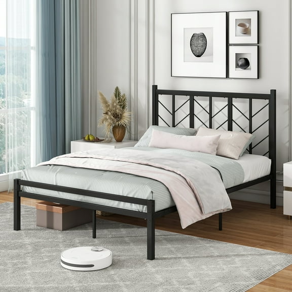 Giantex Full Size Platform Bed Frame w/Vintage Headboard, Metal Mattress Foundation for Storage, No Box Spring Needed, Easy Assembly