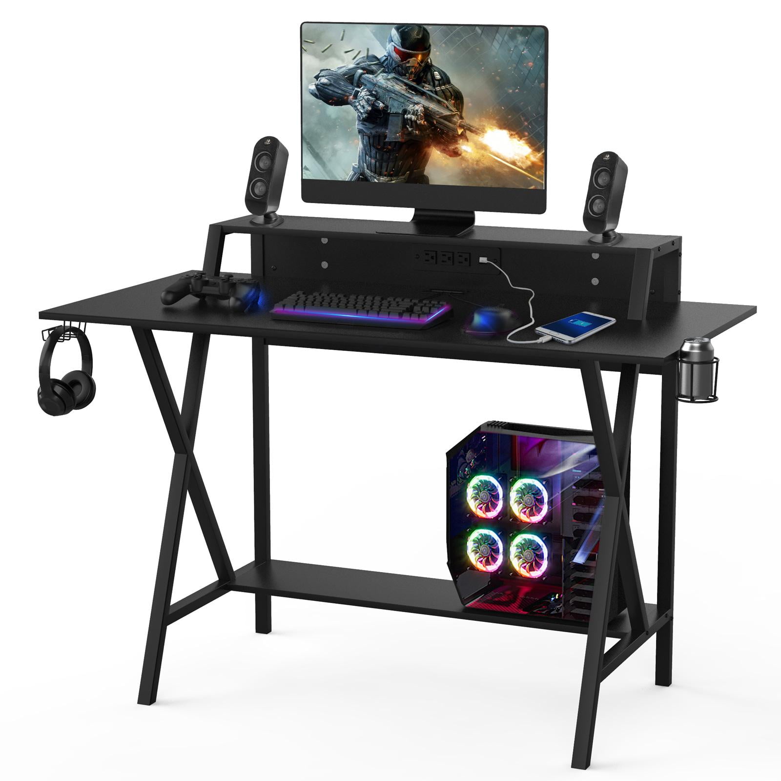 Maplin Large Gaming Desk with Cup Holder, Headphone Hook & Cable
