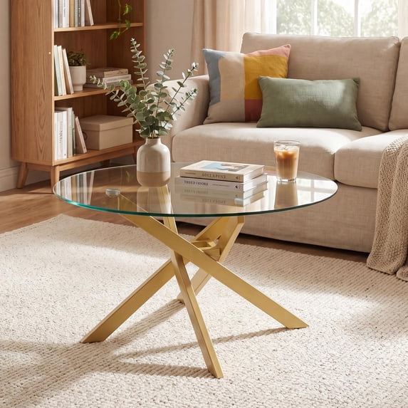 Giantex Glass Coffee Table, Round Clear Center Table, Modern Accent Cocktail Table for Home, Gold