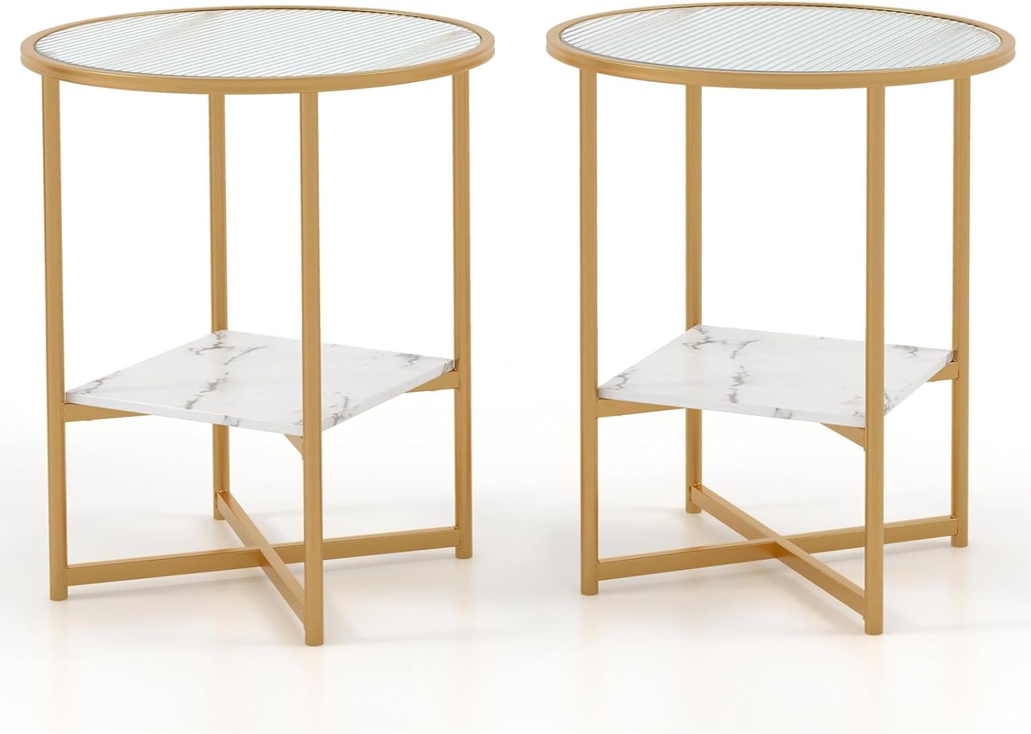 Round Gold Metal and Glass End Table Set with Faux Marble Shelf