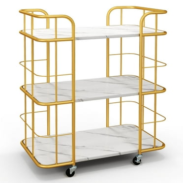 Giantex Gold Rolling Bar Cart, 3-Tier Kitchen Utility Cart w/Marble-Finish Top & Lockable Casters, Metal Serving Cart for Kitchen, Bar
