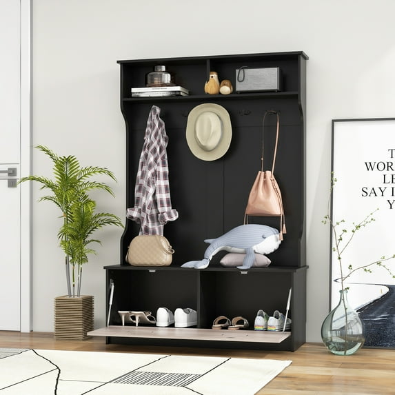 Giantex Hall Tree w/Bench, Coat Rack w/Shoe Cabinet, Space Saving Design, Black