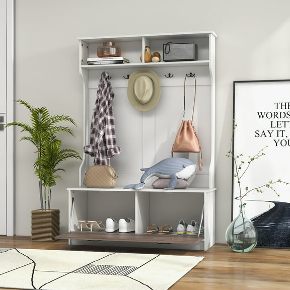 Giantex Hall Tree w/Bench, Coat Rack w/Shoe Cabinet, Space Saving Design, White