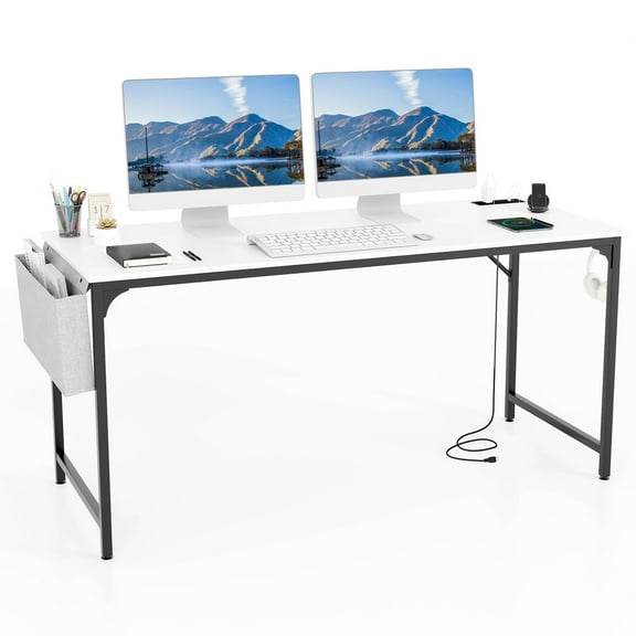 Giantex Home Office Desk, Computer Desk w/Recessed Power Strip & Wide Desktop, Workstation Writing Table, Rustic White