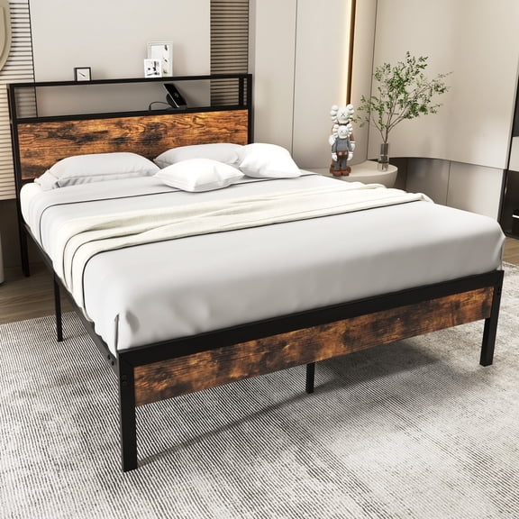 Giantex Industrial Full Bed Frame w/Storage Headboard & Charging Station, Heavy-Duty Metal Platform Bed, Noise-Free Mattress Foundation, No Box Spring Needed