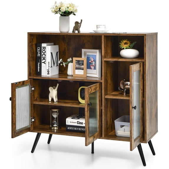 Giantex Industrial Side Cabinet, Kitchen Sideboard w/Tempered Glass Doors, Non-Toppling Device & Adjustable Shelves, Wooden Cupboard for Dining Room, Rustic Brown