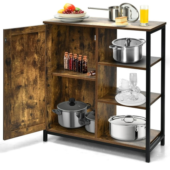 Giantex Industrial Storage Cabinet, Free Standing Cupboard w/3 Open Shelves & Door, Multifunctional Floor Sideboard