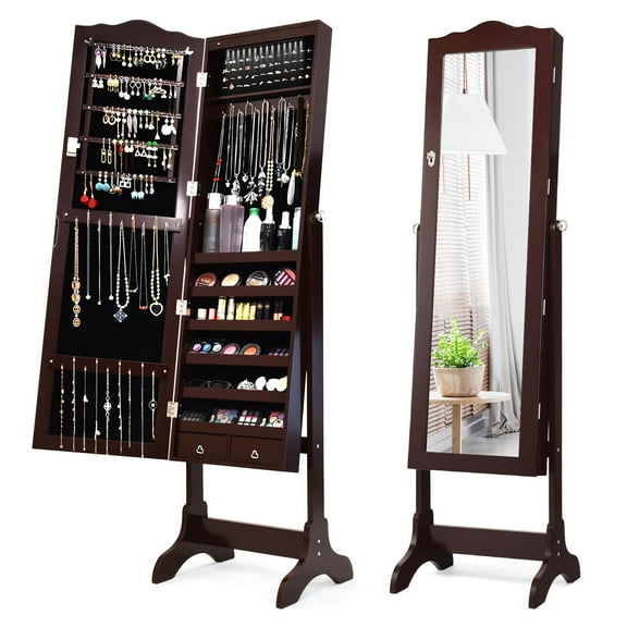 Giantex Jewelry Armoire Cabinet, Freestanding Jewelry Storage Organizer w/ Full Length Mirror, Tilting Angles & LED, Brown