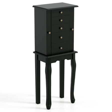 Giantex Jewelry Cabinet Armoire with Top Mirror, 5 Drawers, 2 Swing Doors, Wooden Jewelry Treasure Storage Chest with Large Storage, Standing Jewelry Organizer (Black)