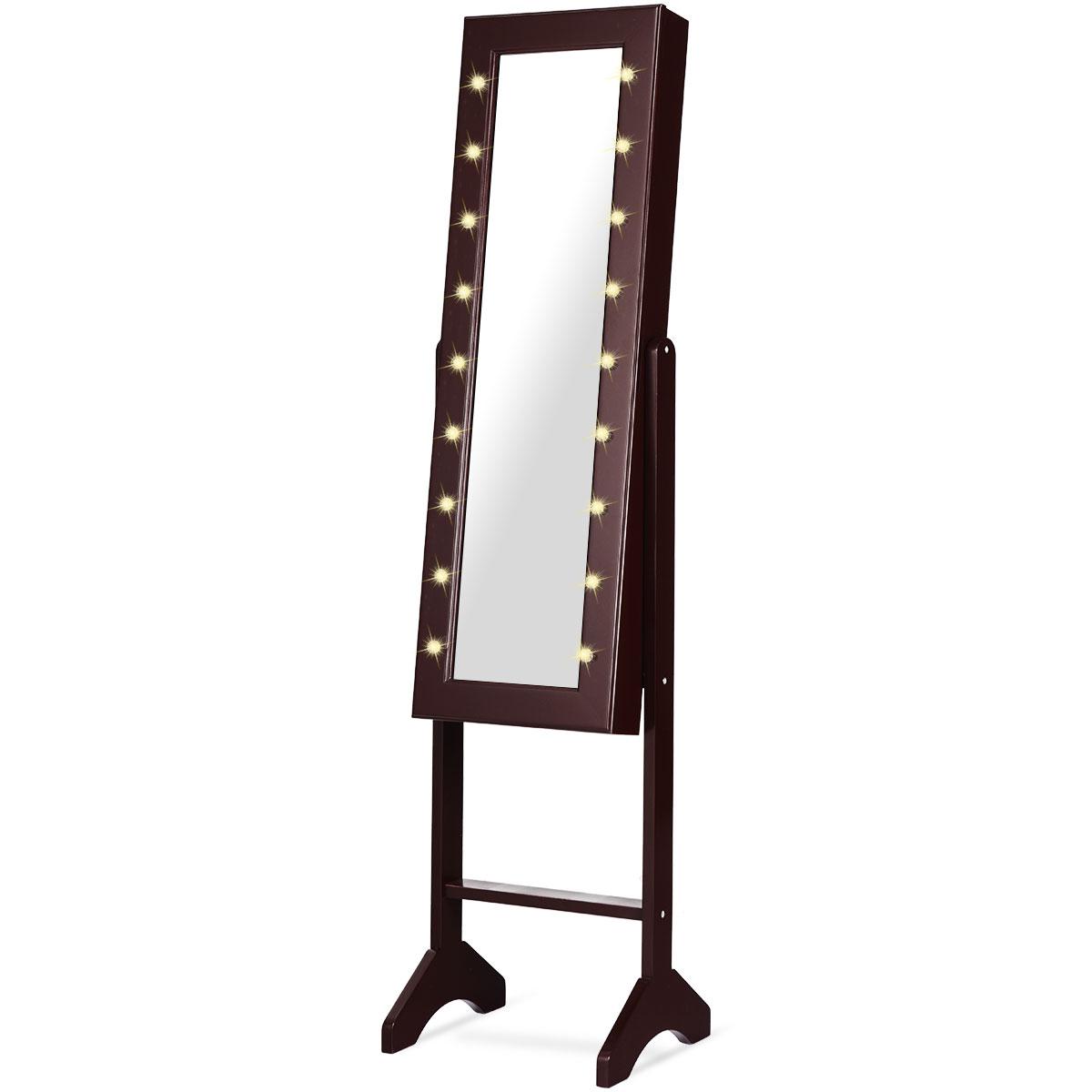 Giantex Jewelry Cabinet Box Armoire Organizer with 18 LED, Standing for Home Bedroom 16 Lipstick Holder 1 Inside Makeup Mirror Full Lights, Large Storage Mirrored Cabinets Jewelry Armoires (Brown)
