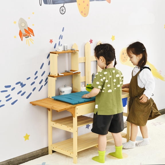 Giantex Kids Kitchen Playset, Outdoor Pretend Set for Kids Toddler, Wooden Play Toy w/Simulated Faucet, Shelves, Removable Board
